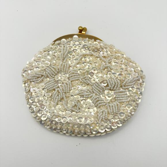 Vtg Ivory Silk Bead Sequin Gold Kiss Lock Coin Purse Wallet Handmade Hong Kong - Picture 3 of 5